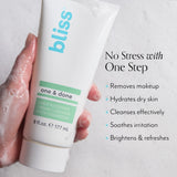 Bliss x LG One & Done Facial Cleanser no stress with one step. The cleanser removes makeup, hydrates dry skin, soothes irritation, and brightens and refreshes