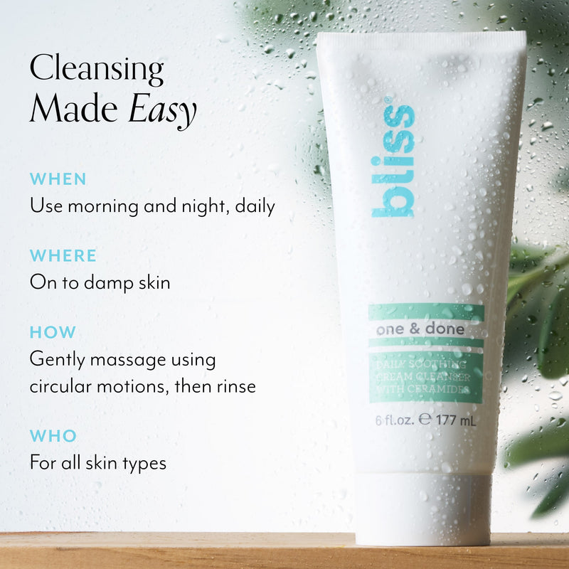 Bliss x LG One & Done Facial Cleanser can be used daily by gently massaging in circular motions, then rinse. This cleanser is good for all skin types