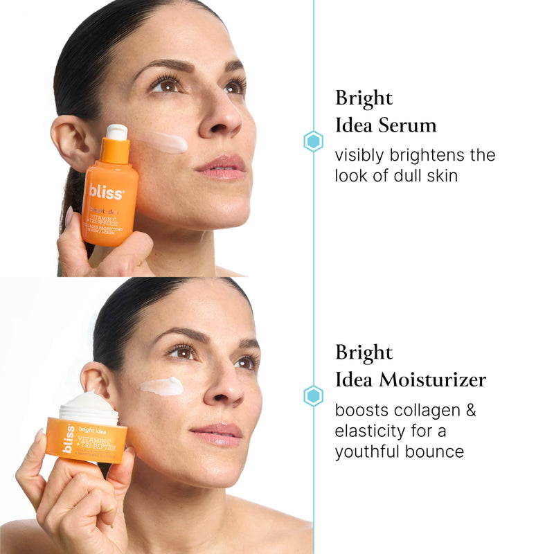 Bliss x LG The Brightening Kit visibly brightens the look of dull skin and Bright Idea Moisturizer helps boost collagen and elasticity for a youthful bounce