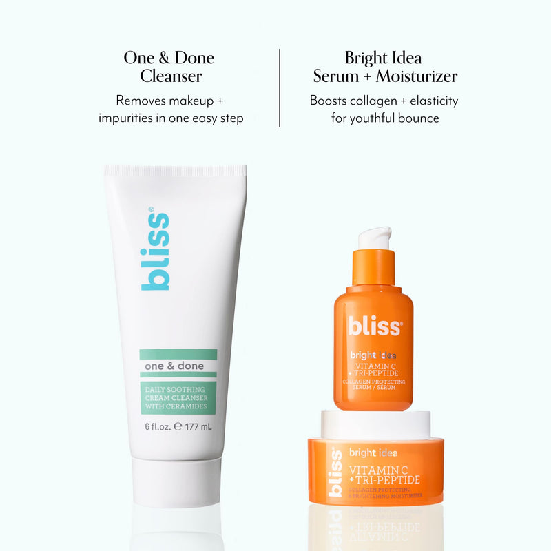 Bliss x LG One & Done Facial Cleanser pairs well with Bliss x LG Bright Idea Serum and Moisturizer