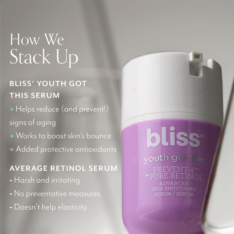 Bliss x LG Youth Got This Skin-Smoothing Retinol Serum helps reduce and prevent signs of aging, works to boost skin's bounce, and has protective antioxidants