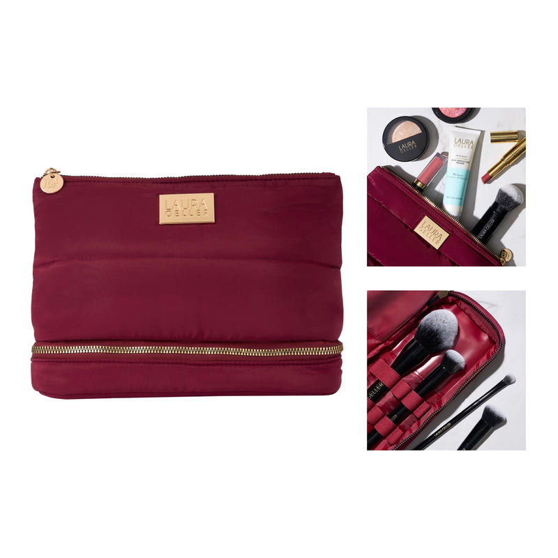 Quilted Makeup Bag with Brush Case, Burgundy